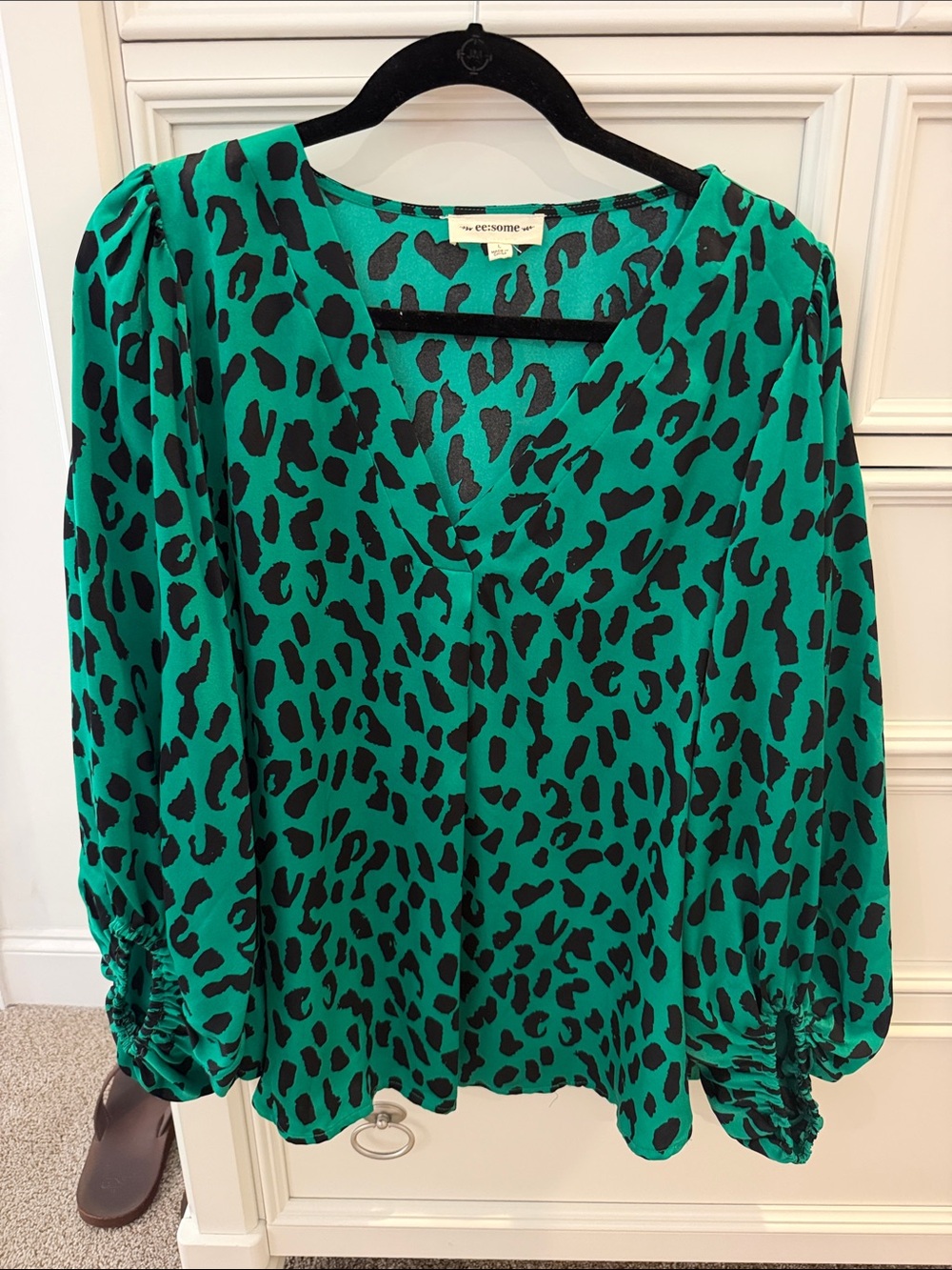 eesome Teal Green Leopard-Print V-Neck Blouse